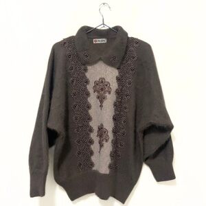 Vintage | Tu Sia Mauve/Cream Angora Embroidered Knit Sweater Size Large